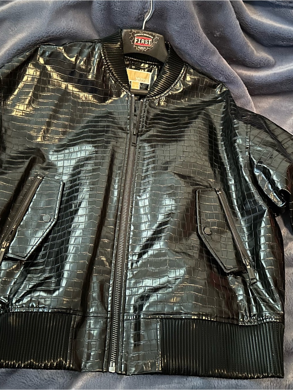 Michael Kors Black Glossy Faux-Croc Bomber Jacket